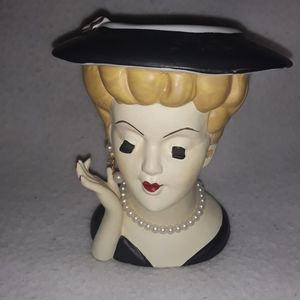 Handpainted Nippon Lady Head Planter Long Eyelashes Pearl Necklace Red Lips...